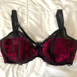 Hot pink and black lace straps bra 34G